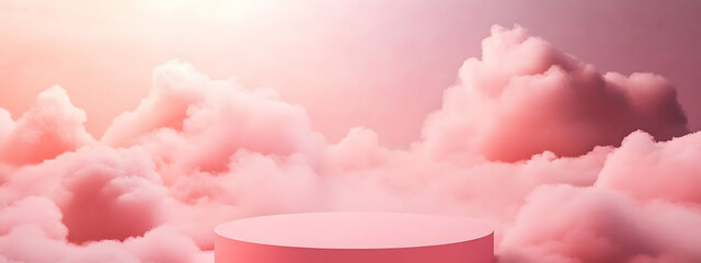 Poster - A podium surrounded by clouds, with pink color background