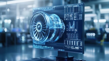 Poster - A detailed blue digital engine design displayed on a computer screen