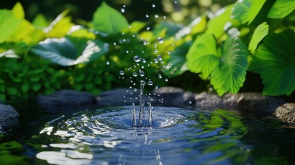 Poster - Water drops splashing with ripples surrounded by green foliage nature
