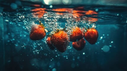 Poster - Several ripe strawberries underwater creating bubbles and splashing water