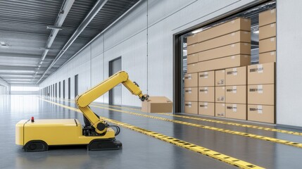 Aufkleber - A yellow robotic arm lifts a cardboard box in warehouse