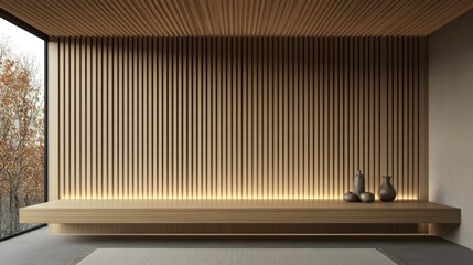 Poster - A modern room with wooden walls and a floating shelf