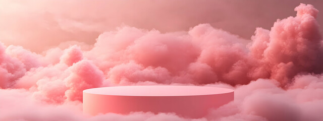 Poster - A podium surrounded by clouds, with pink color background