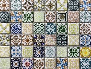 Naklejka na meble Colonial heritage patterned tiles in random floral, star, ornamental, engraving, and other abstract patterns. Handmade colonial tiles, or old heritage tiles in various colorful paint colors. Seamless 