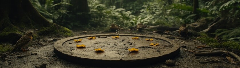 Poster - A forest scene showcases a stone basin with yellow flowers