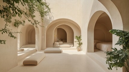 Poster - Open arched passageways with minimalist decor and thriving greenery on the edges