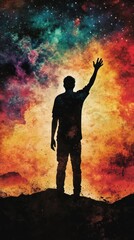 Poster - Silhouette Of A Person Reaching For A Colorful Galaxy