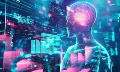 Big data technology and data science abstract background. Data scientist querying. Analysing and visualizing artificial intelligence on virtual screen. AI Data flow concept. Finance neural network