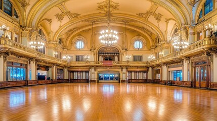 Poster - A large luxurious ballroom with decorative architecture and chandeliers