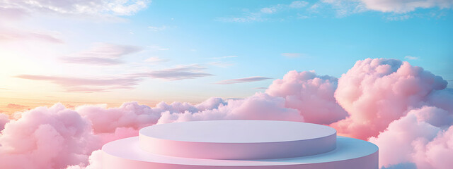 Poster - A podium surrounded by clouds, with pink color background