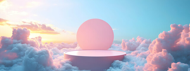 Poster - A podium surrounded by clouds, with pink color background