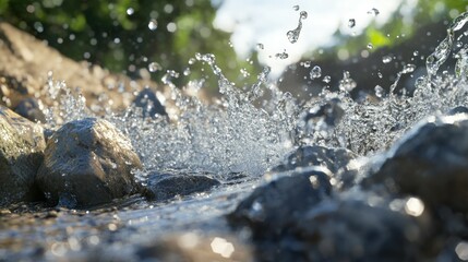 Poster - Water splashing over rocks with nature in the background