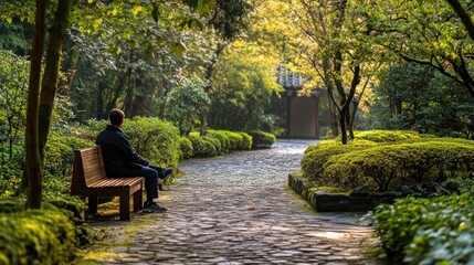 Poster - A person sitting on a bench in a peaceful garden