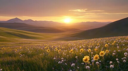 Poster - A beautiful sunset over a field of wildflowers on rolling hills