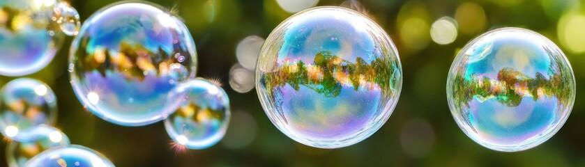 Poster - Several translucent soap bubbles reflecting a natural outdoor scene