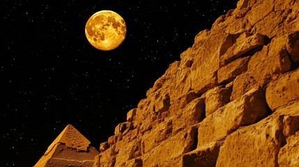 Poster - An ancient pyramid beneath a large moon in the night sky