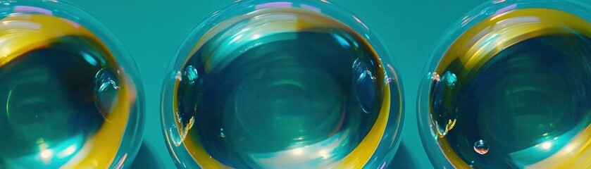 Poster - Three spherical transparent bubbles are aligned against a teal background
