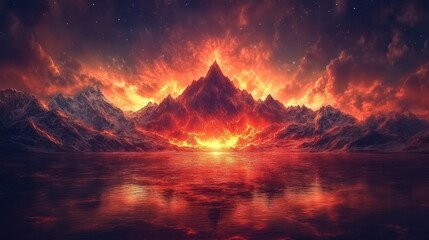 Poster - A fiery mountain range reflects in a still lake beneath a night sky