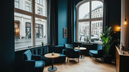 Poster - A comfortable stylish interior with a view of the city streets