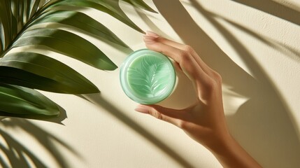 Poster - A hand holding a jar of green cream near a palm leaf