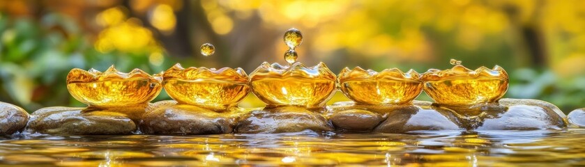 Poster - Golden water droplets create a delicate crown shape on stones