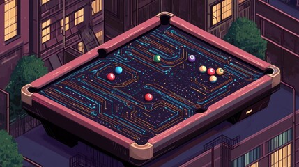 Poster - A futuristic billiard table sits atop a city building rooftop