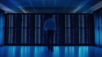 Poster - A man looking at servers in a data processing center