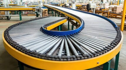 Poster - A curved industrial roller conveyor system in an expansive warehouse