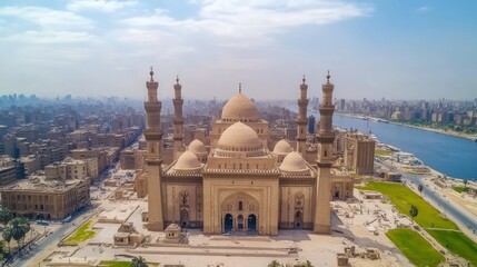 Poster - An aerial view showcases a large ancient mosque in a city