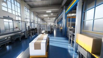 Poster - An industrial interior showing a factory production and packaging area
