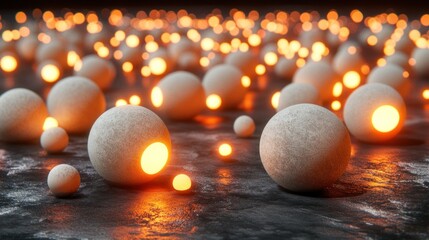 Poster - Numerous spherical objects with glowing lights in a dark environment