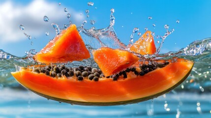 Poster - Fresh slices of ripe papaya submerged in clear water splashing