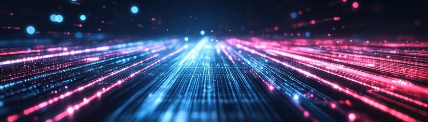 Poster - Abstract visualization depicts flowing digital data in blue and pink