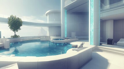 Poster - A futuristic minimalist outdoor swimming pool and lounging area