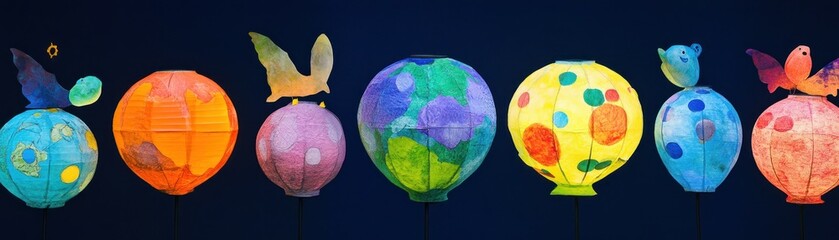 Poster - Array of colorful decorative lanterns with various animal and star accents