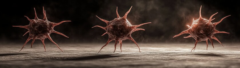 Poster - Three rendered microscopic cells exhibiting extended protrusions on a surface