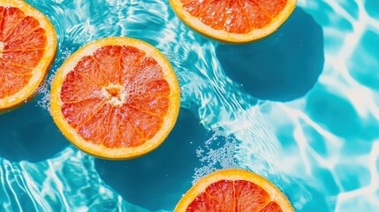 Poster - Orange fruit slices float within cool blue water gently
