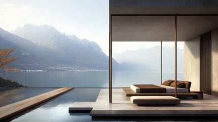 Poster - A luxurious modern bedroom with expansive window and lake view