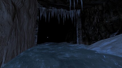Poster - A dark cave entrance framed with stone and icy features