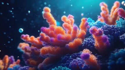 Poster - Colorful coral reef structure with bubbles in the surrounding ocean