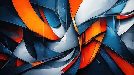 Poster - Abstract geometric shapes in blue, orange, and black with dynamic motion and energy