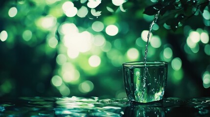 Poster - Water flowing into a glass with a blurred green background