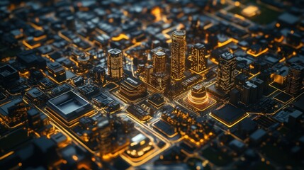 Poster - A futuristic glowing cityscape rendered in a digital circuit style