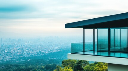 Poster - Modern architectural building overlooking sprawling city and nature