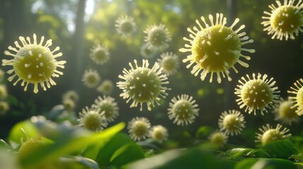 Poster - Numerous yellow spheres float above green foliage and leaves in sunlight