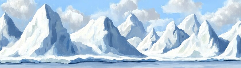 Poster - A panoramic landscape painting showcasing snowy mountains and overcast skies