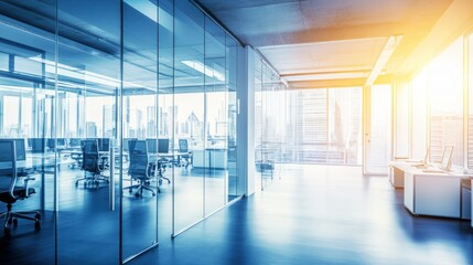 Poster - Bright modern office interior with expansive glass walls and city view