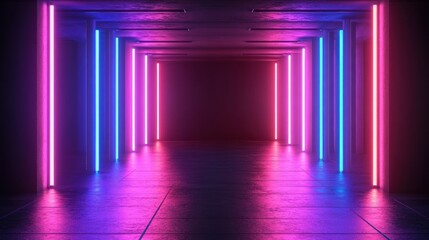 Poster - A futuristic neon lit hallway showcasing colors and reflections perfectly