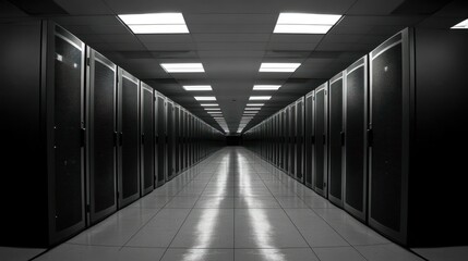 Poster - Rows of server racks illuminate a dark computer data center