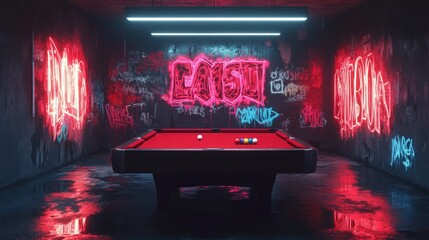 Aufkleber - A vibrant pool table exists within a graffiti decorated room